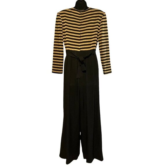 Vintage Jumpsuit 10 Gold Lamé Striped Belted Wide Leg Nautical Party Cocktail - Picture 7 of 13